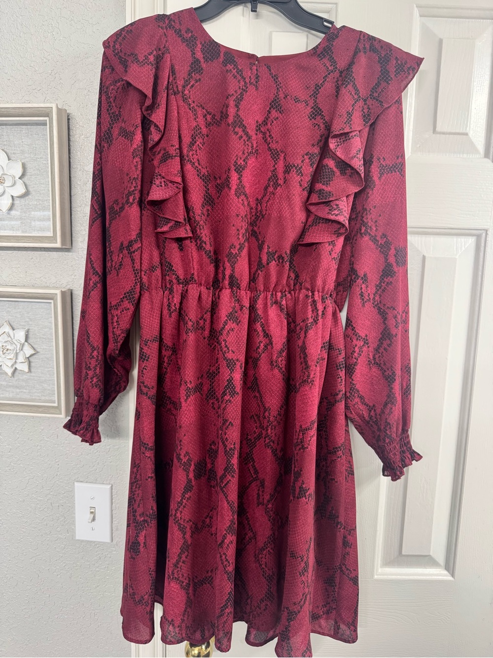 Banana Republic Burgundy Snake-Print Ruffle Long-Sleeve Dress